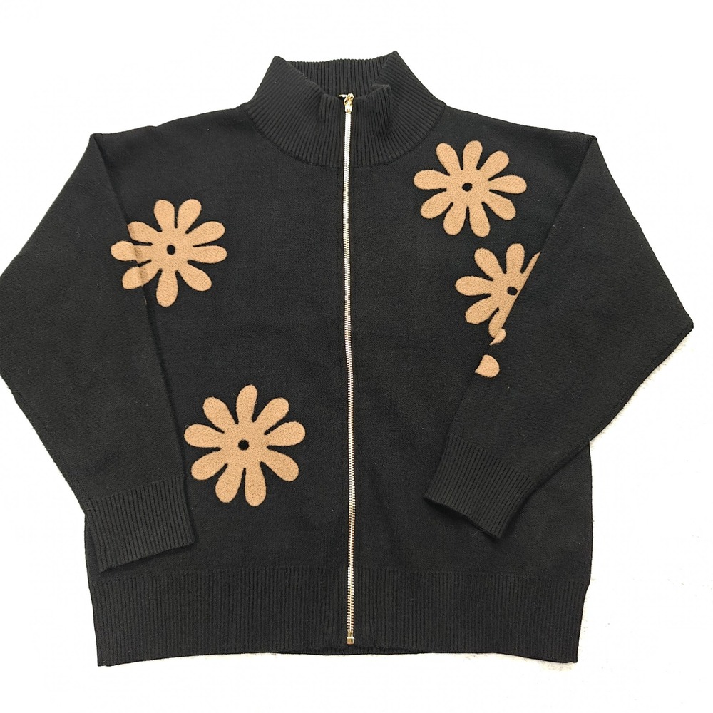 Sioni Womens M Black Tan Full Zip‎ Up Cardigan Sweater Retro Flower Mock Neck
